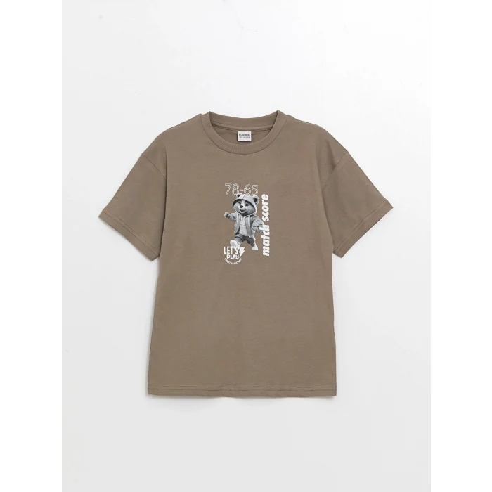 LCW Kids Kahverengi Oversize Bisiklet Yaka Erkek Çocuk Tişört