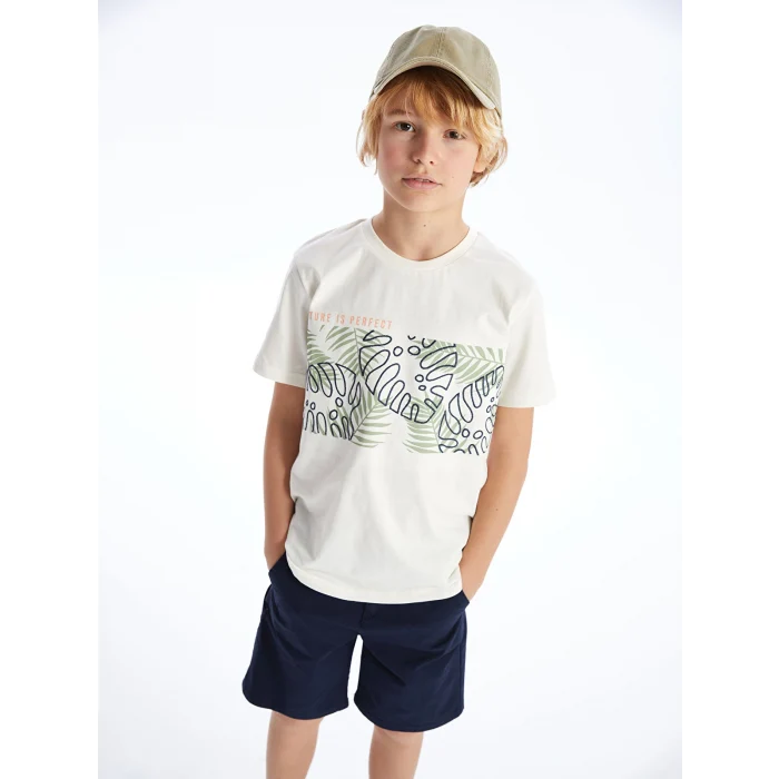 LCW Kids Ekru Bisiklet Yaka Baskılı Kısa Kollu Erkek Çocuk Tişört