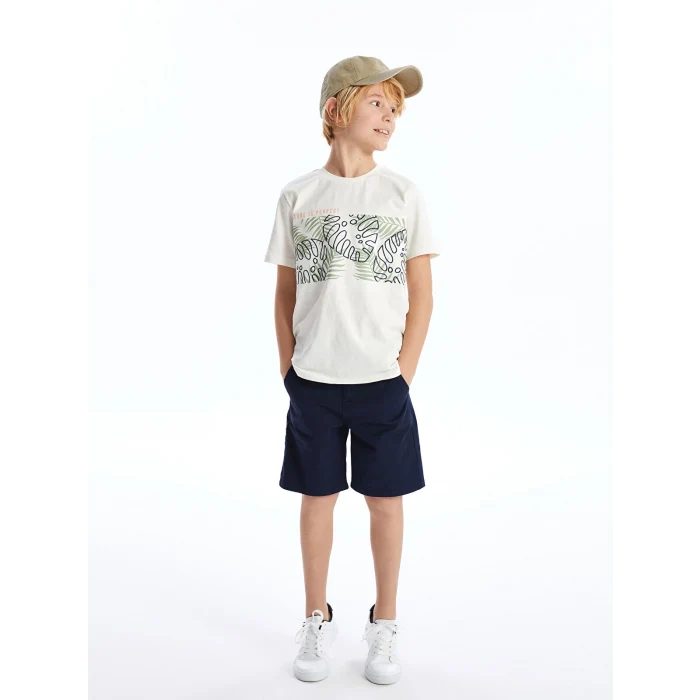 LCW Kids Ekru Bisiklet Yaka Baskılı Kısa Kollu Erkek Çocuk Tişört