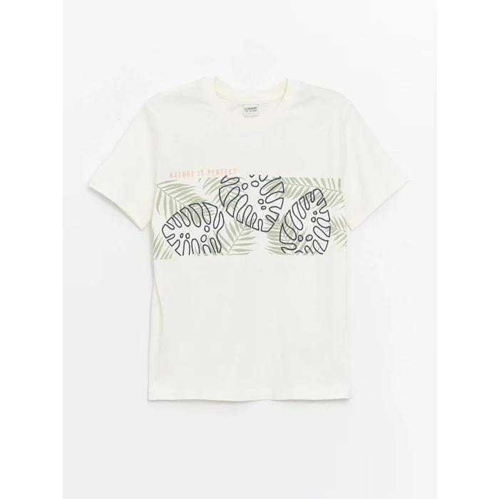 LCW Kids Ekru Bisiklet Yaka Baskılı Kısa Kollu Erkek Çocuk Tişört