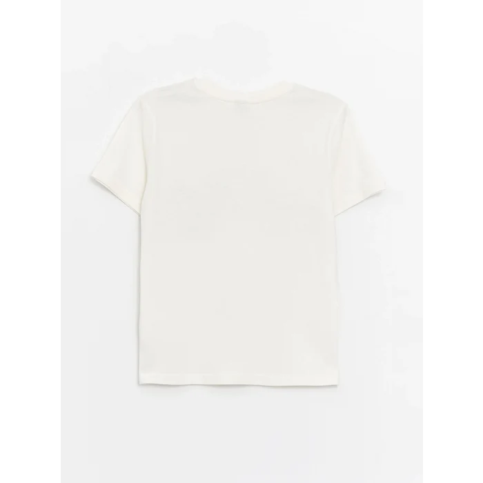 LCW Kids Ekru Bisiklet Yaka Baskılı Kısa Kollu Erkek Çocuk Tişört