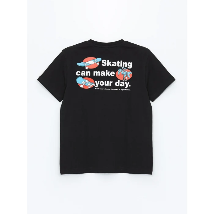 LCW Kids Siyah Bisiklet Yaka Baskılı Kısa Kollu Erkek Çocuk Tişört