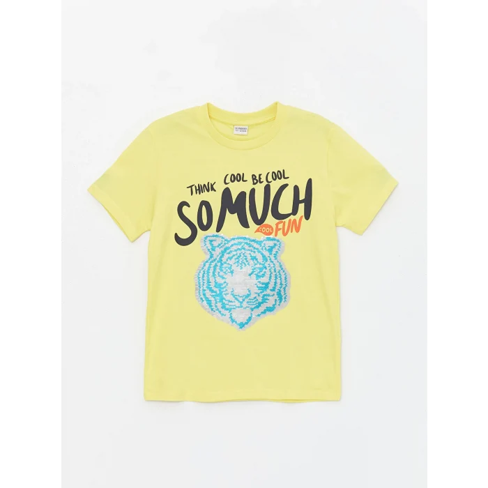 LCW Kids Sarı Bisiklet Yaka Baskılı Kısa Kollu Erkek Çocuk Tişört