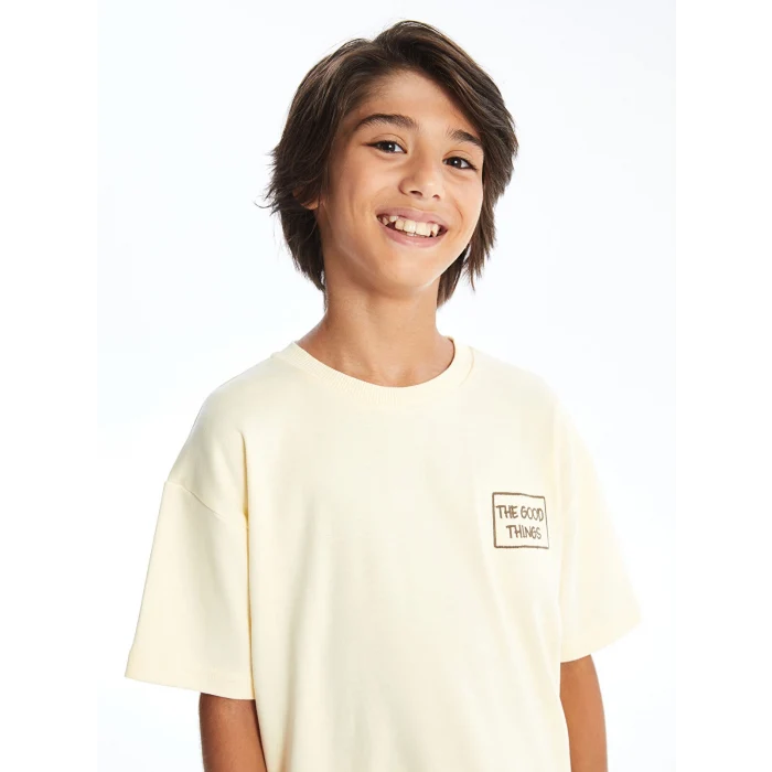 LCW Kids Bej Bisiklet Yaka Oversize Tok Kumaş Erkek Çocuk Tişört