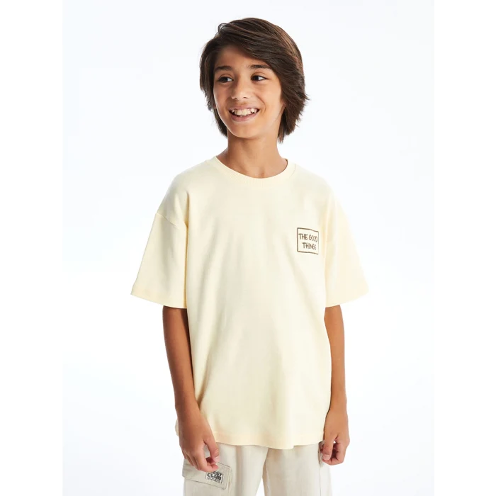 LCW Kids Bej Bisiklet Yaka Oversize Tok Kumaş Erkek Çocuk Tişört