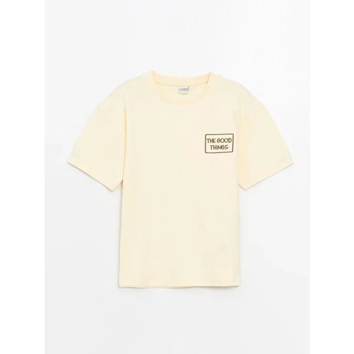 LCW Kids Bej Bisiklet Yaka Oversize Tok Kumaş Erkek Çocuk Tişört