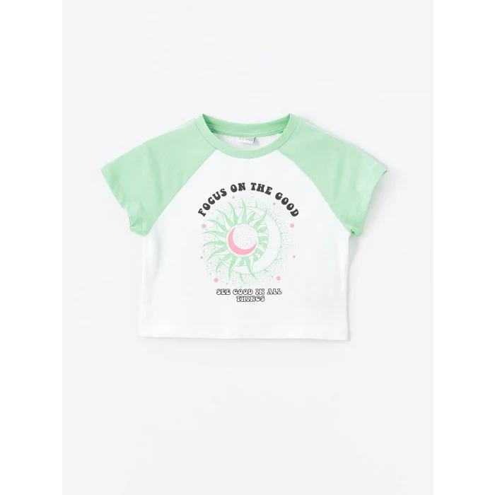 LCW Kids Beyaz Bisiklet Yaka Baskılı Kısa Kollu Kız Çocuk Tişört