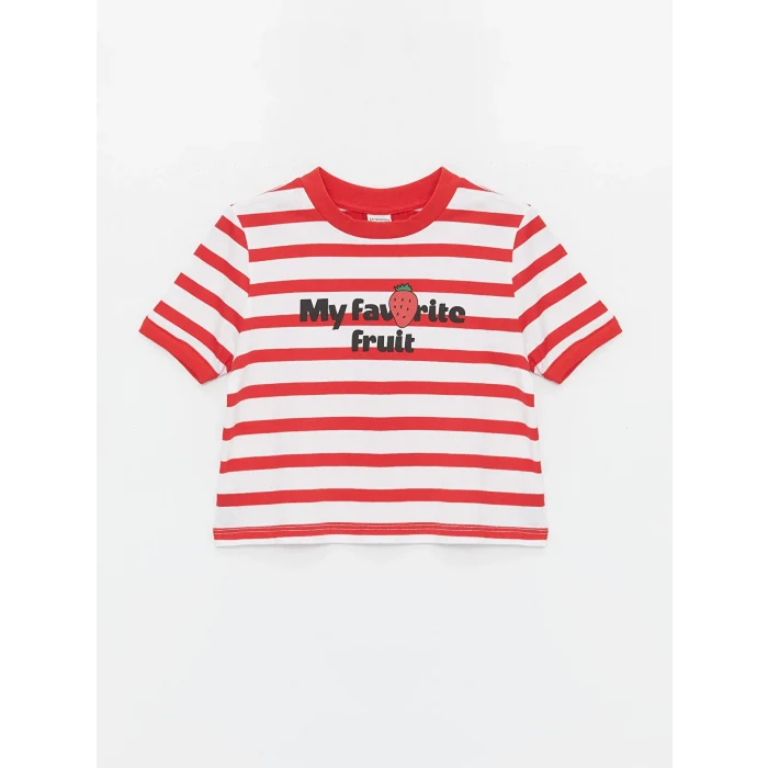 LCW Kids Kırmızı Bisiklet Yaka Çizgili Kısa Kollu Kız Çocuk Tişört