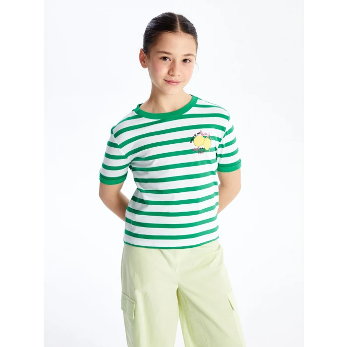 LCW Kids Yeşil Bisiklet Yaka Çizgili Kısa Kollu Kız Çocuk Tişört