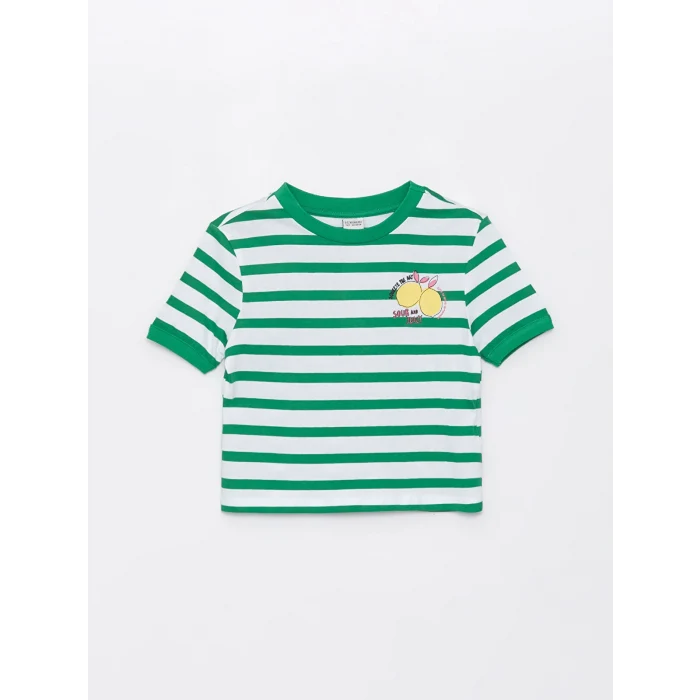 LCW Kids Yeşil Bisiklet Yaka Çizgili Kısa Kollu Kız Çocuk Tişört