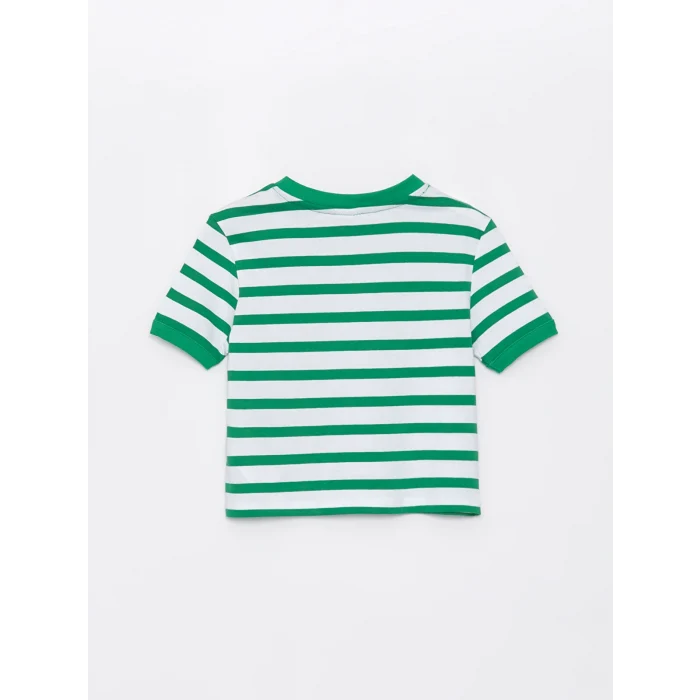 LCW Kids Yeşil Bisiklet Yaka Çizgili Kısa Kollu Kız Çocuk Tişört