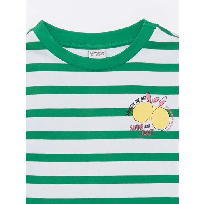 LCW Kids Yeşil Bisiklet Yaka Çizgili Kısa Kollu Kız Çocuk Tişört