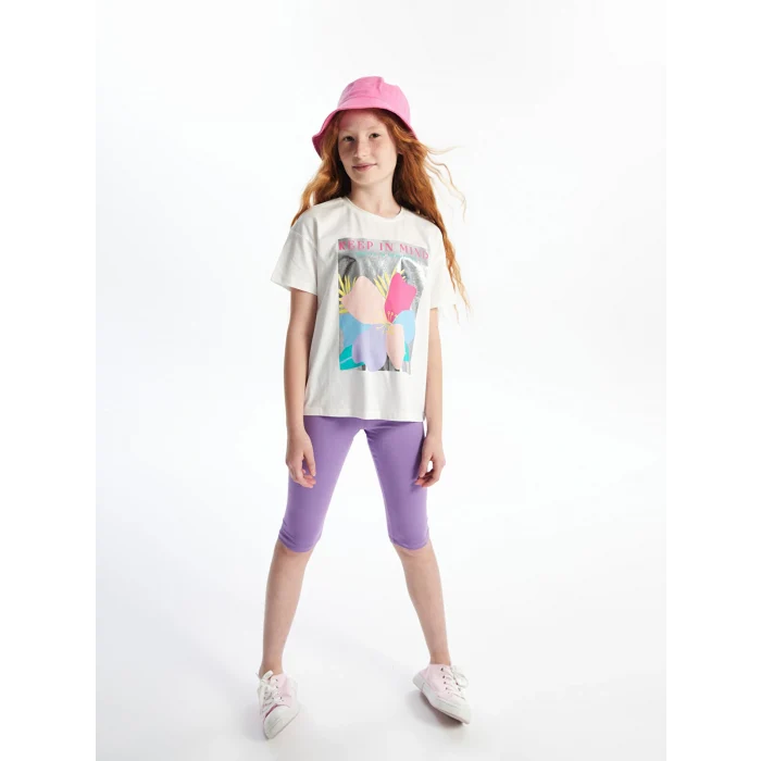 LCW Kids Beyaz Bisiklet Yaka Baskılı Kısa Kollu Kız Çocuk Tişört