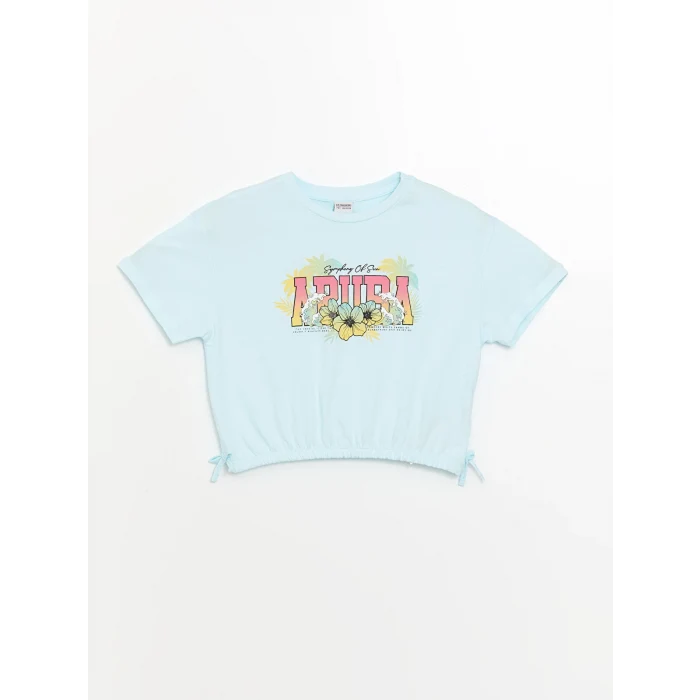 LCW Kids Mavi Bisiklet Yaka Baskılı Kısa Kollu Kız Çocuk Tişört