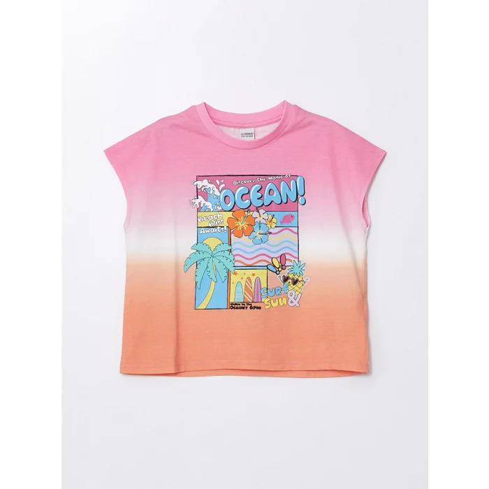 LCW Kids Karışık Bisiklet Yaka Baskılı Kısa Kollu Kız Çocuk Crop Tişört