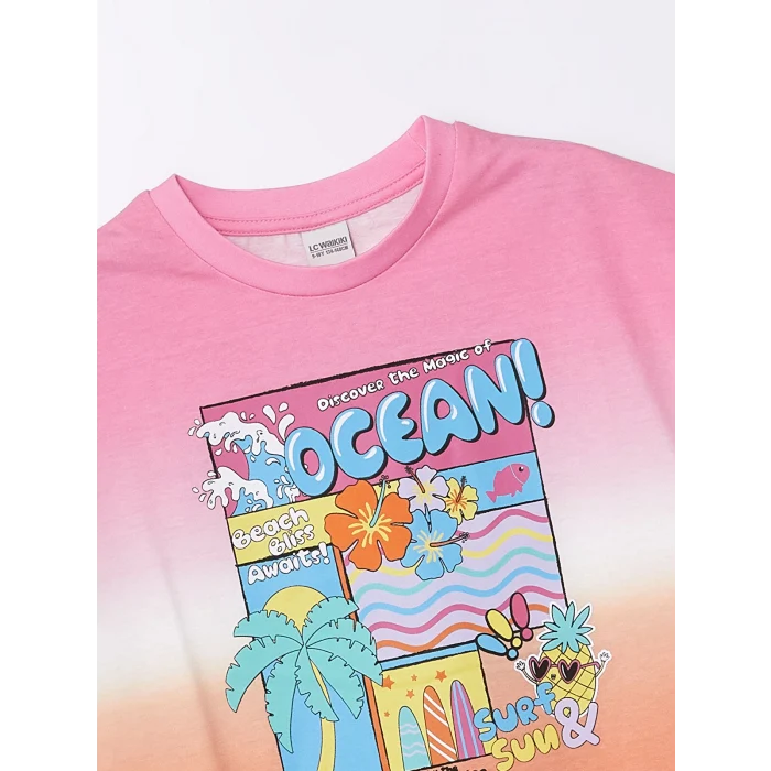 LCW Kids Karışık Bisiklet Yaka Baskılı Kısa Kollu Kız Çocuk Crop Tişört