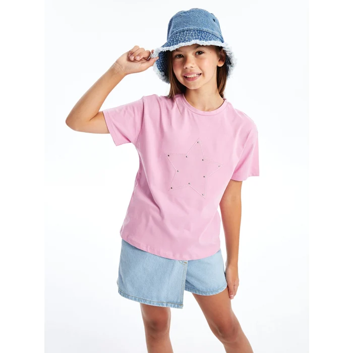 LCW Kids Pembe Bisiklet Yaka Nakışlı Kısa Kollu Kız Çocuk Tişört