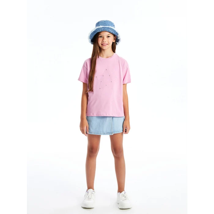LCW Kids Pembe Bisiklet Yaka Nakışlı Kısa Kollu Kız Çocuk Tişört