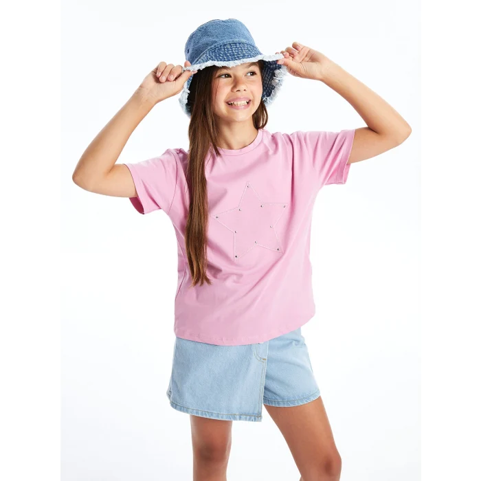 LCW Kids Pembe Bisiklet Yaka Nakışlı Kısa Kollu Kız Çocuk Tişört