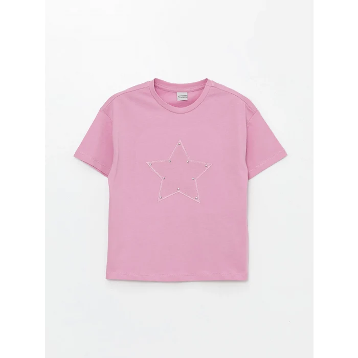 LCW Kids Pembe Bisiklet Yaka Nakışlı Kısa Kollu Kız Çocuk Tişört