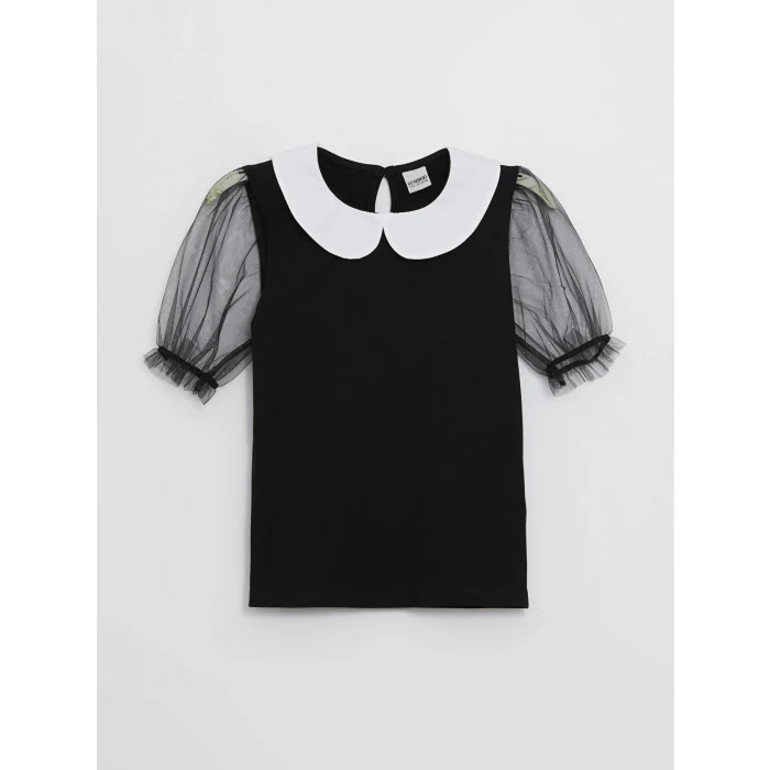 LCW Kids Siyah Bebe Yaka Kısa Kollu Kız Çocuk Tişört