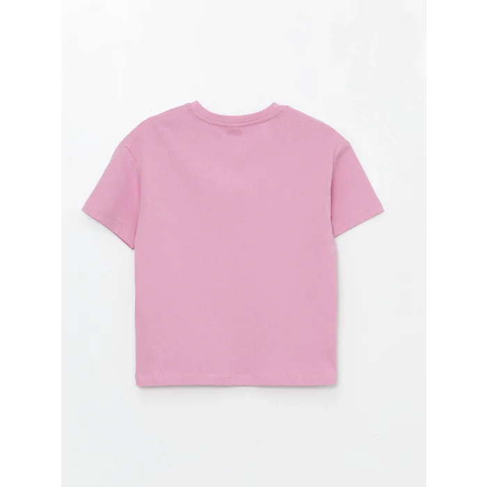 LCW Kids Pembe Bisiklet Yaka Nakışlı Kısa Kollu Kız Çocuk Tişört