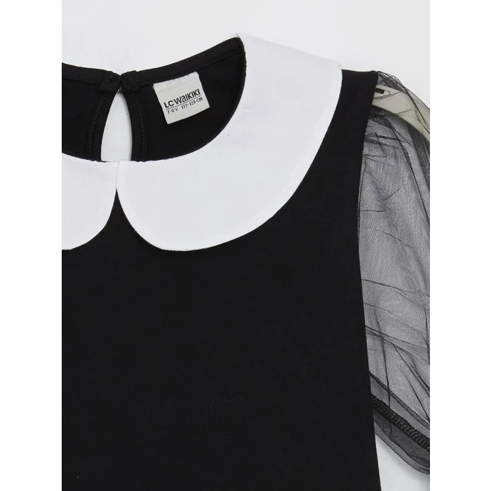 LCW Kids Siyah Bebe Yaka Kısa Kollu Kız Çocuk Tişört