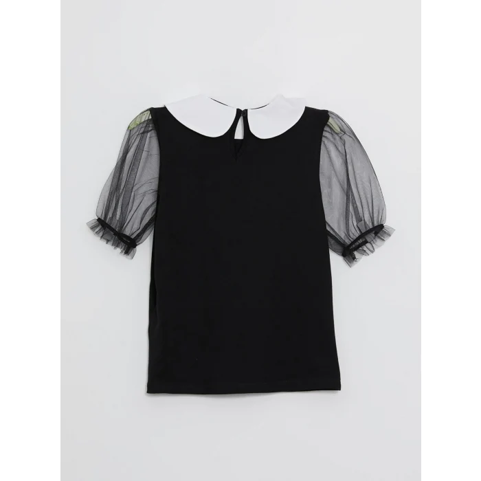 LCW Kids Siyah Bebe Yaka Kısa Kollu Kız Çocuk Tişört