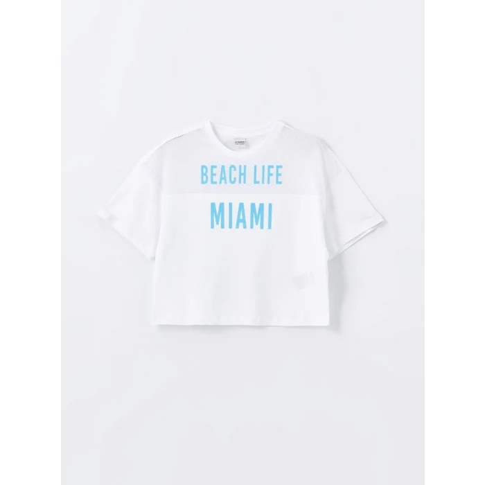 LCW Kids Beyaz Bisiklet Yaka Baskılı Kısa Kollu Kız Çocuk Tişört