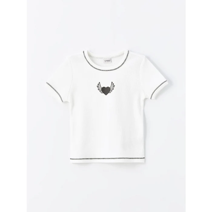 LCW Kids Beyaz Bisiklet Yaka Baskılı Kısa Kollu Kız Çocuk Tişört