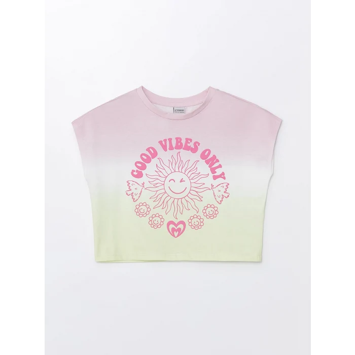 LCW Kids Karışık Bisiklet Yaka Baskılı Kısa Kollu Kız Çocuk Tişört