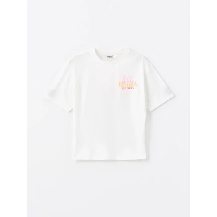 LCW Kids Ekru Bisiklet Yaka Baskılı Kısa Kollu Kız Çocuk Tişört