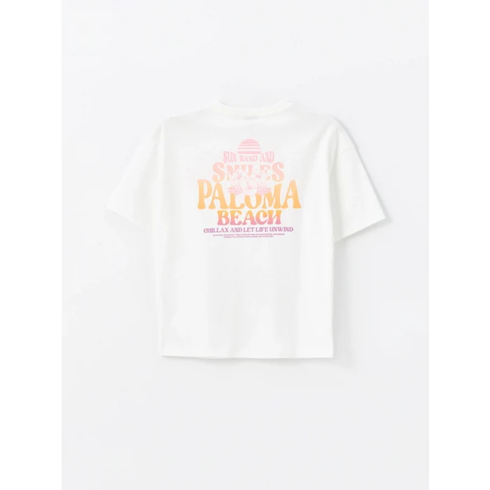 LCW Kids Ekru Bisiklet Yaka Baskılı Kısa Kollu Kız Çocuk Tişört