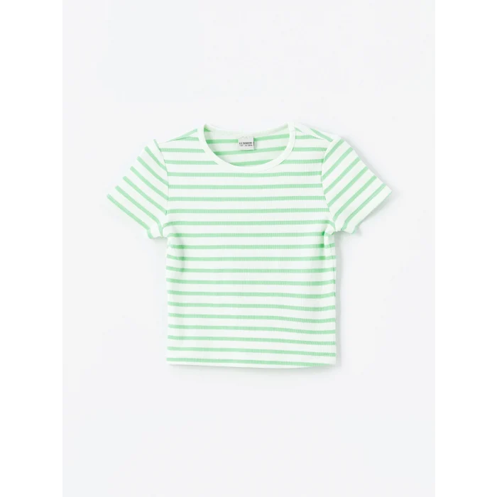 LCW Kids Yeşil Bisiklet Yaka Çizgili Kısa Kollu Kız Çocuk Tişört