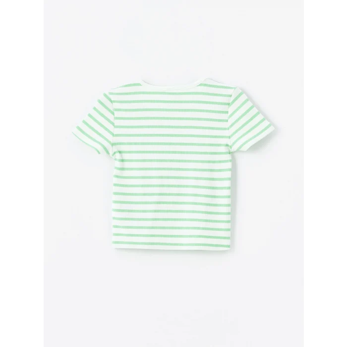 LCW Kids Yeşil Bisiklet Yaka Çizgili Kısa Kollu Kız Çocuk Tişört