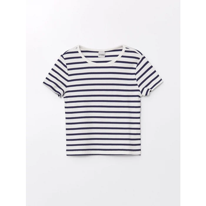 LCW Kids Lacivert Bisiklet Yaka Çizgili Kısa Kollu Kız Çocuk Tişört
