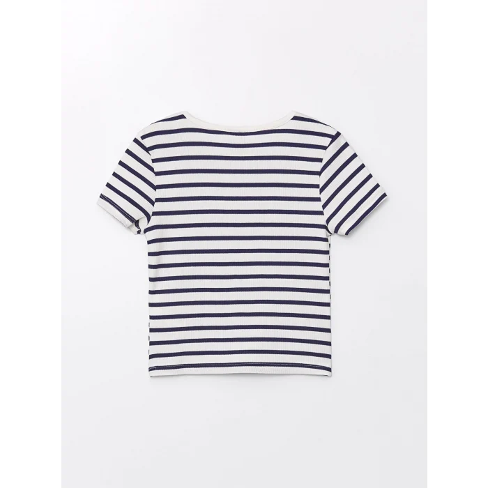 LCW Kids Lacivert Bisiklet Yaka Çizgili Kısa Kollu Kız Çocuk Tişört