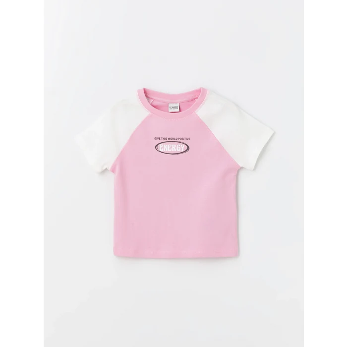 LCW Kids Pembe Bisiklet Yaka Baskılı Kısa Kollu Kız Çocuk Tişört