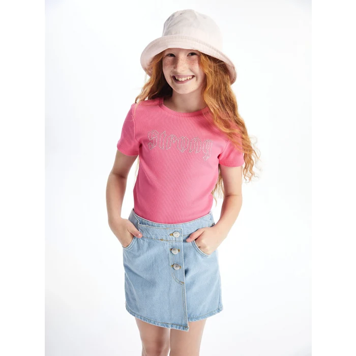 LCW Kids Pembe Bisiklet Yaka Kısa Kollu Kız Çocuk Tişört