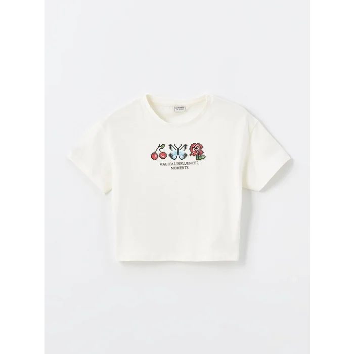 LCW Kids Ekru Bisiklet Yaka Kısa Kollu Kız Çocuk Tişört