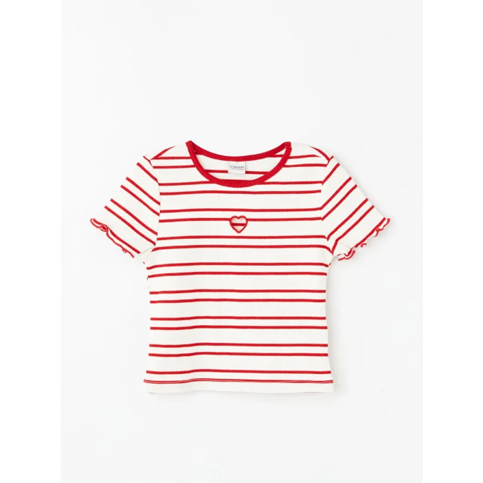 LCW Kids Pembe Bisiklet Yaka Çizgili Kısa Kollu Kız Çocuk Crop Tişört