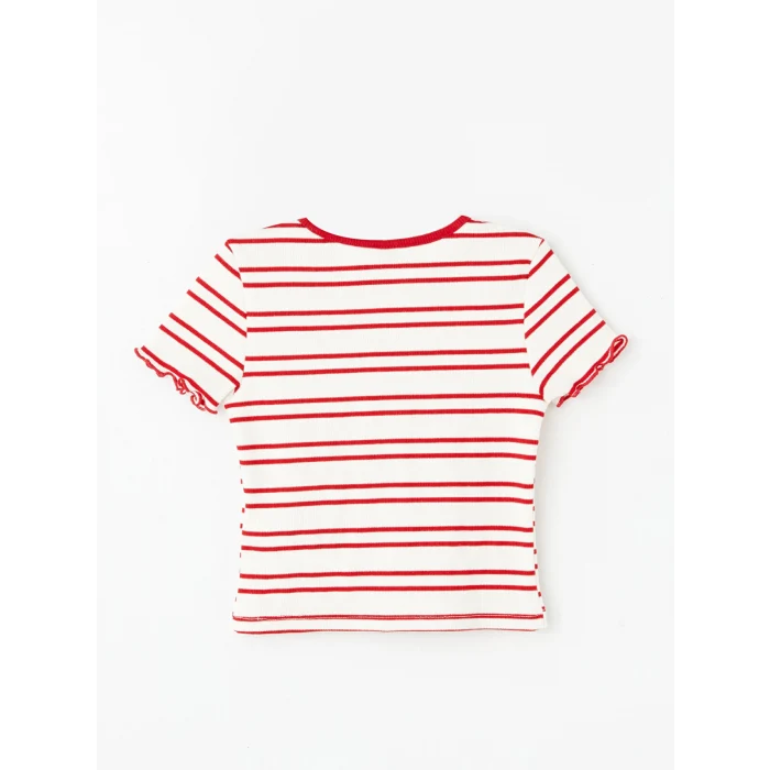 LCW Kids Pembe Bisiklet Yaka Çizgili Kısa Kollu Kız Çocuk Crop Tişört