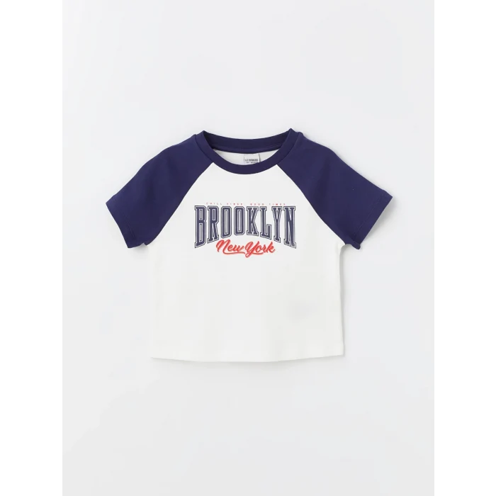 LCW Kids Ekru Bisiklet Yaka Baskılı Kısa Kollu Kız Çocuk Tişört