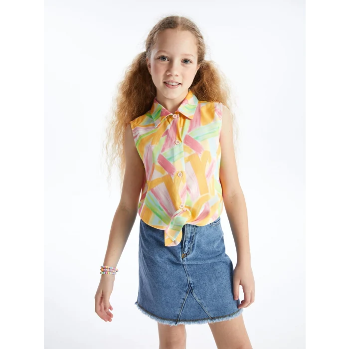 LCW Kids Beyaz Desenli Kız Çocuk Crop Gömlek