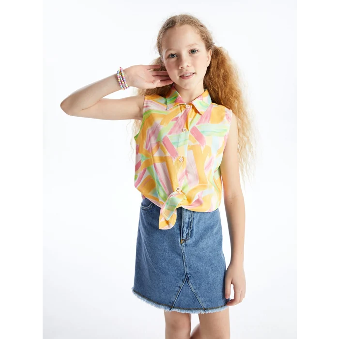 LCW Kids Beyaz Desenli Kız Çocuk Crop Gömlek