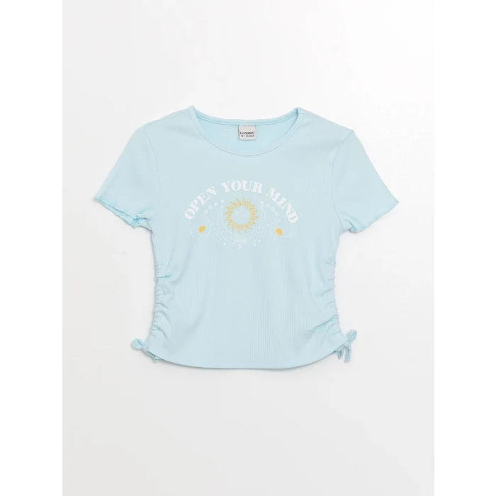 LCW Kids Mavi Bisiklet Yaka Baskılı Kısa Kollu Kız Çocuk Tişört