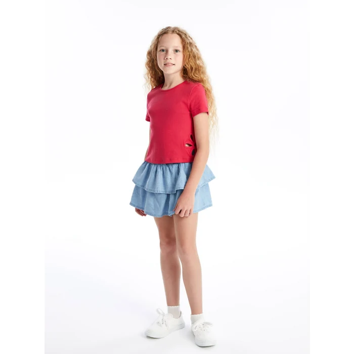 LCW Kids Fuşya Bisiklet Yaka Kısa Kollu Kız Çocuk Tişört