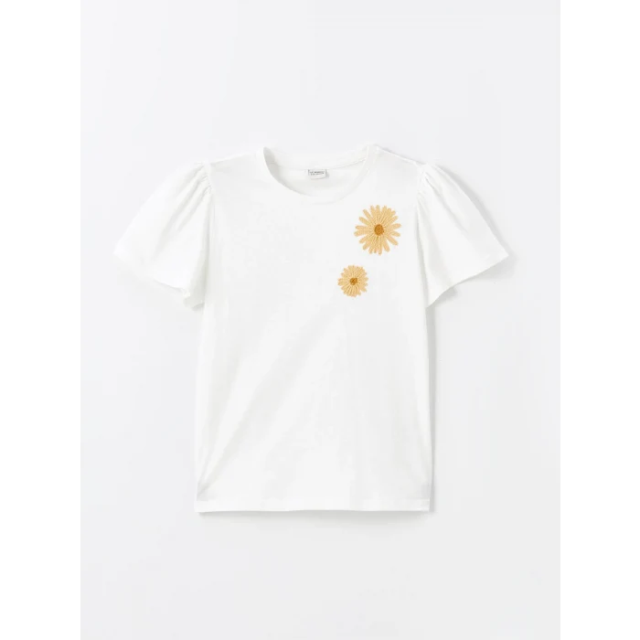 LCW Kids Beyaz Bisiklet Yaka Çiçekli Kısa Kollu Kız Çocuk Tişört