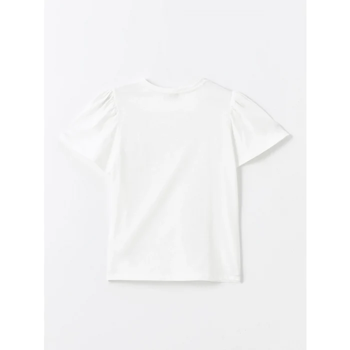 LCW Kids Beyaz Bisiklet Yaka Çiçekli Kısa Kollu Kız Çocuk Tişört