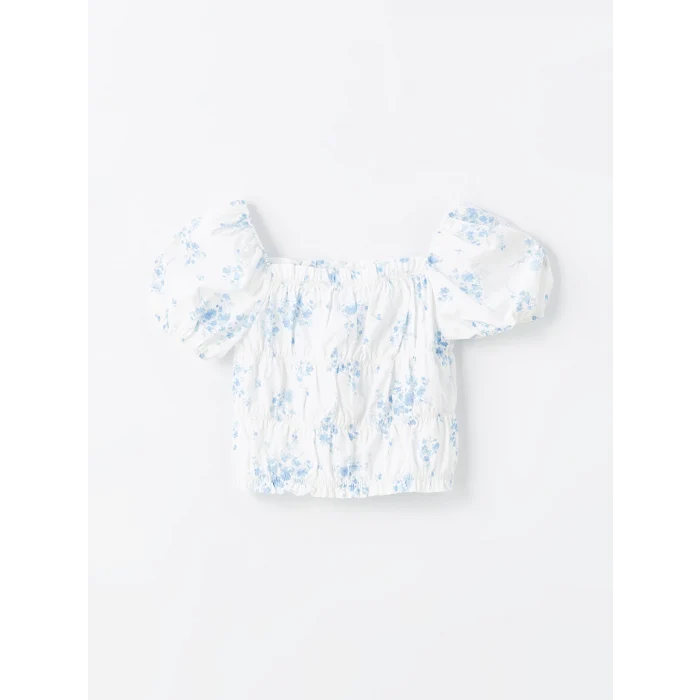 LCW Kids Ekru Kare Yaka Çiçekli Kız Çocuk Crop Bluz